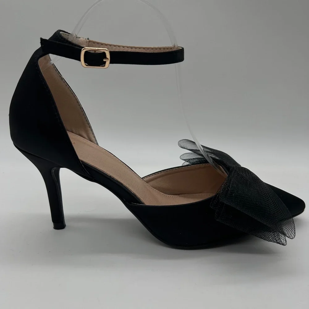 NEW‎ Allegra K Heels Womens 9 Black Pointed Toe Ankle Strap Pumps Bow Stiletto